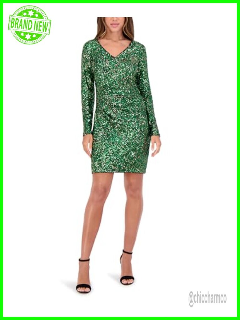 Long Sleeve V-Neck Striped Sequin Knit Mini Dress